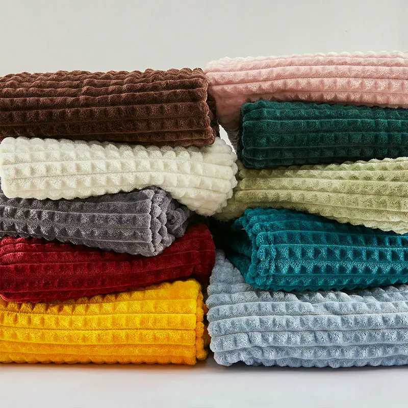 Soft Warm Plaid Flannel Blanket Solid Color Corn Grain Fluffy Coral