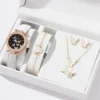 6/1pcs Set Women Watch Ring Necklace Earrings Bracelet Set Watches Butterfly Leather Strap Ladies Quartz WristWatch (No Box) 1