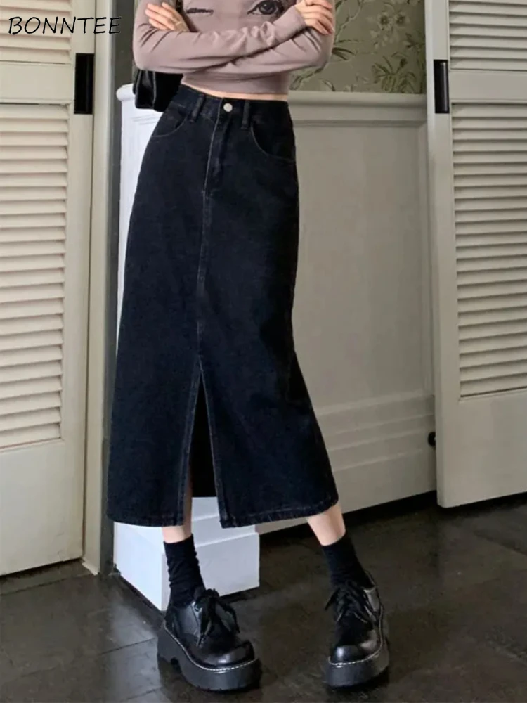 

Юбка женская джинсовая с завышенной талией, универсальная модная простая универсальная юбка в минималистичном стиле с разрезом спереди, в Корейском стиле, для студентов, на весну