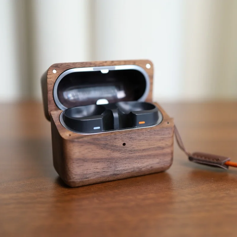 Real Walnut Wood Protective Earbud Case with Lanyard Hole