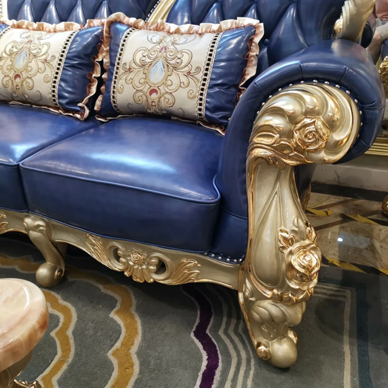 Роскошные кожаные диваны в европейском стиле из воловьей кожи, полностью из твердой древесины, 123 комбинированный диван, роскошные кушетки из золотой фольги, мебель для гостиной