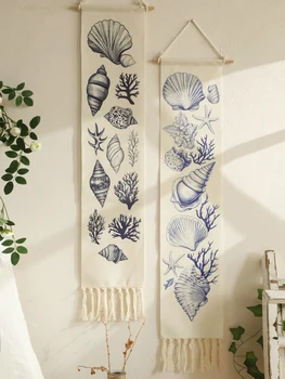 1pc Boho Coastal Seashell Arazzo da parete, Banner in cotone con frange, Decorazione nautica per la casa da spiaggia per soggiorno, camera da letto, regalo 1