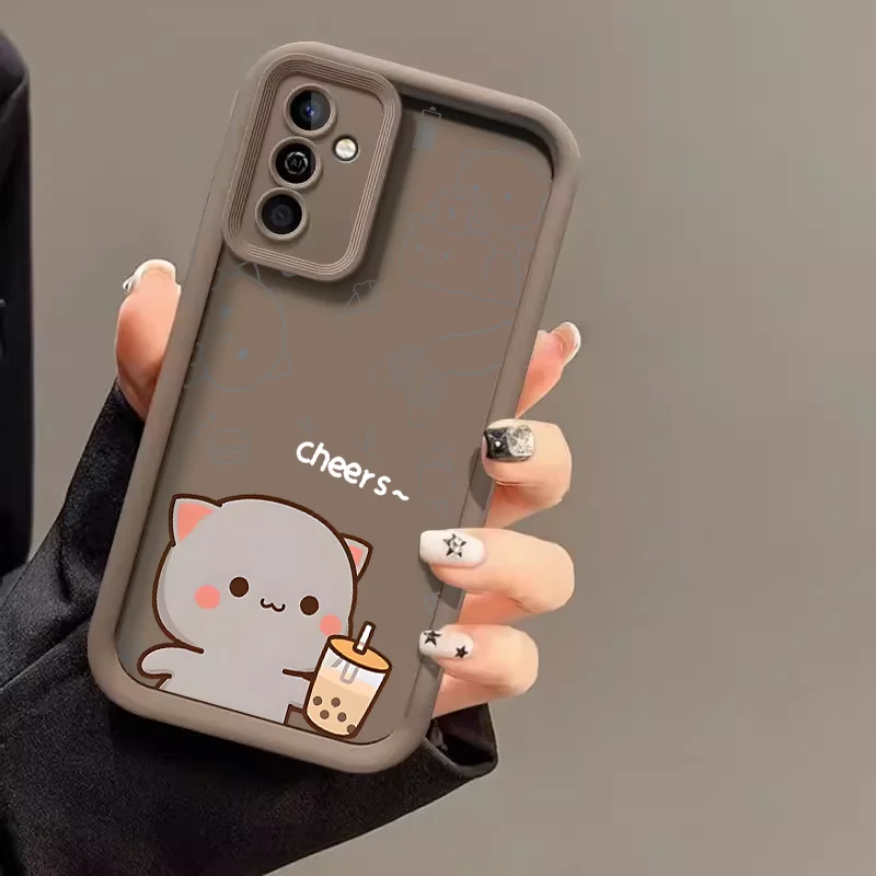 Cartoon Peach Mochi Cat Couple Case - Cute Animal Paired Soft Cover