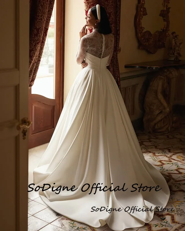 SoDigne A-line Satin/Lace Wedding Dress Full Sleeves High Neck Bride Dresses Women Bridal Gowns vestidos de novia Customized 14 S41d66e8560c94d71bcf16d41a122f9a7o