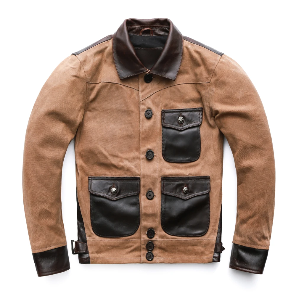 

Fashion Men Jacket Men Oil Wax Genuine Leather Cowhide & Canvas Brown Green Slim Fit Jackets Male Leather Coat Autumn M227