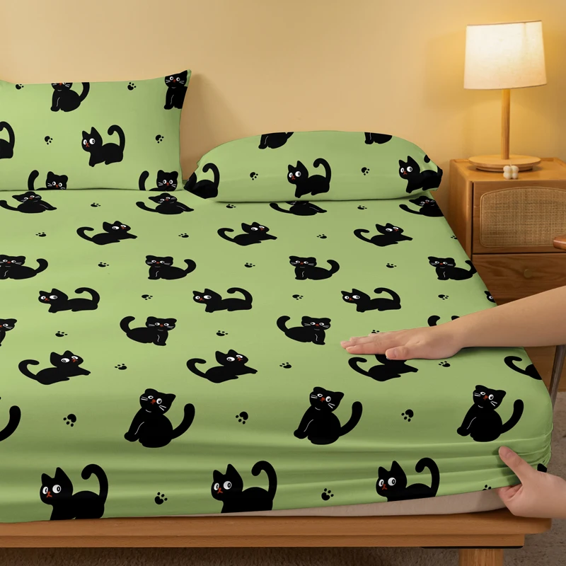 1 Cartoon Cute animal cat printed matte Fitted Sheet, bedroom printed bed cover, bedding (excluding pillowcases) 3