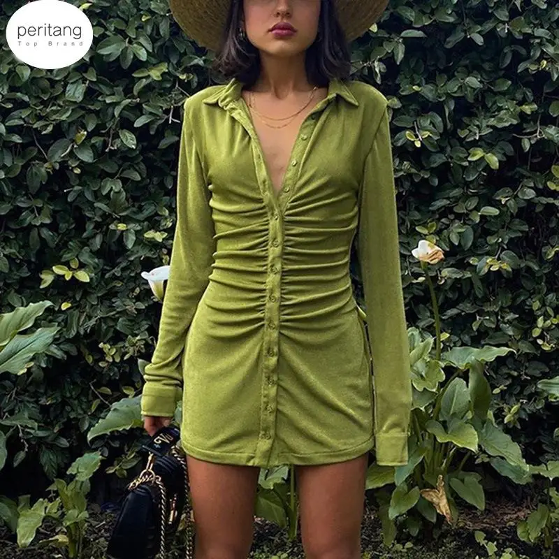 

Spring Slim Shirt Dresses Women Green Party Dress Sexy Mini Dress Turn-Down Collar Button Streetwear Ladies Short Dresses Female