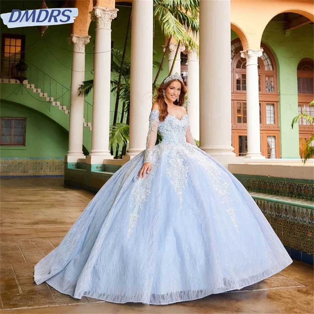 

Classic Light Sky Blue Quinceanera Dresses Sweet 16 Ball Gown 2024 Off The Shoulder Lace Appliques Beads Pageant Party Princess