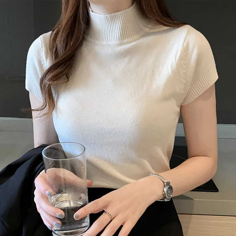 

2022 Turtleneck Knitted Blouse Shirt Tops Womens Tops and Blouses Summer Short Sleeve Blouse Women Blusas Mujer De Moda