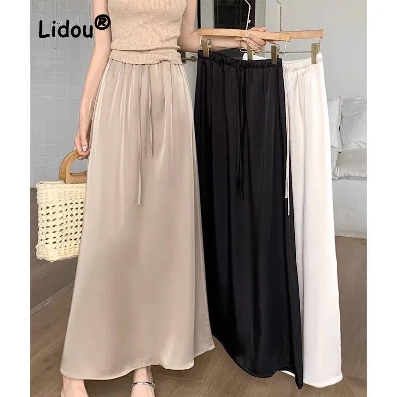 Premium Acetic Acid Satin Skirt Women's Summer Mid Length High Waist Slim Drop Versatile A-line Style Large Swing Long Dress