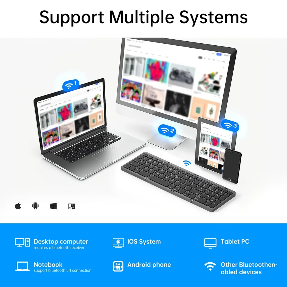 Folding Bluetooth Keyboard with Numeric Keypad Wireless Foldable Keyboard for iOS Android Windows Support 3 Devices