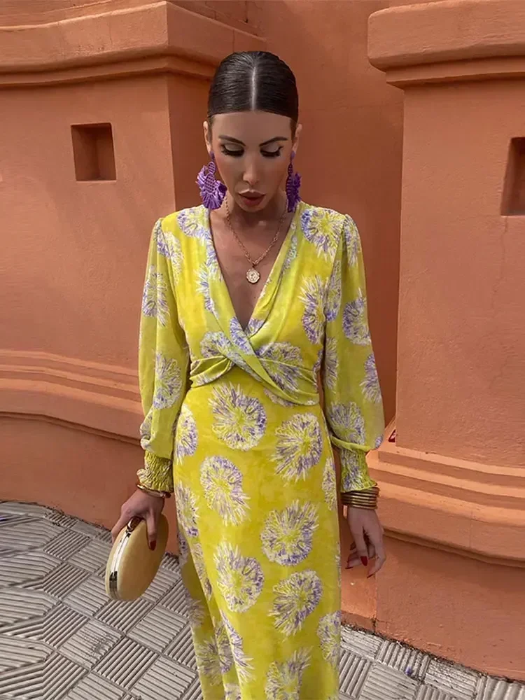 

2024 Spring Printed V Neck Full Sleeves Maxi Dress Elegant Women High Waist Slim Bodycon Dresses Fashion Lady High Street Wear