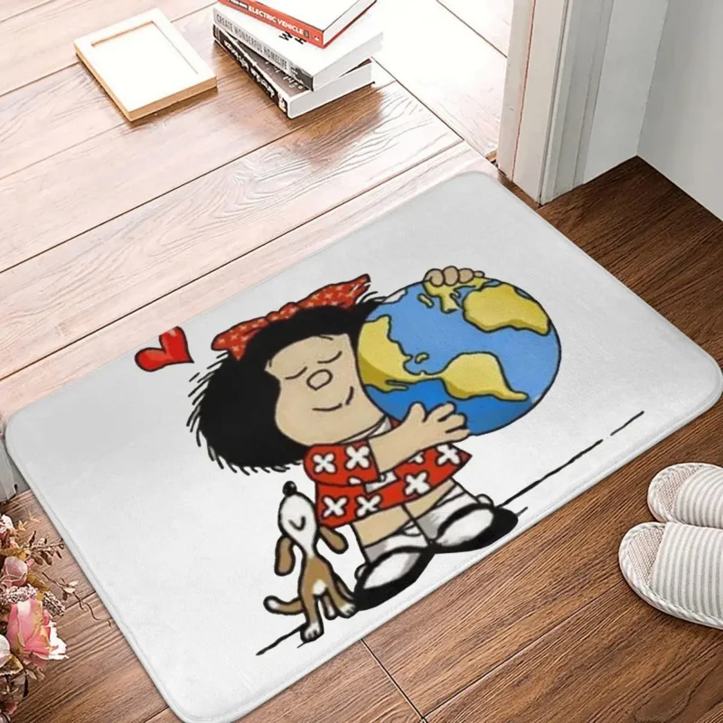 

Mafalda Quino Funny Manga Bathroom Mat The Globe And Puppy Doormat Kitchen Carpet Balcony Rug Home Decoration