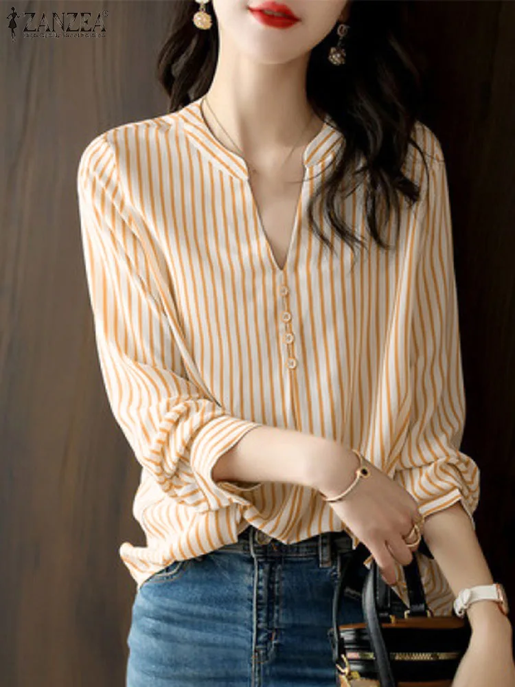 

2024 Женская Офисная рубашка ZANZEA, элегантная женская блузка в полоску с V-образным вырезом и длинным рукавом, модные офисные топы, Повседневная Туника, блузка