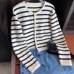 Women Spring Autumn Sweaters O-neck Stripe Knitted Cardigan Fashion Long Sleeve Casual Short New Tops