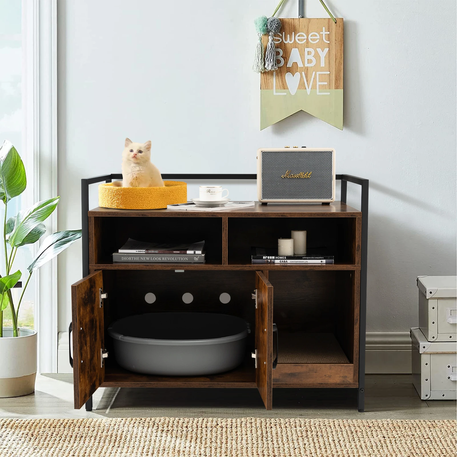 Large Litter Box Enclosure Cat Wooden Storage Cabinet with 2 Doors Coffee