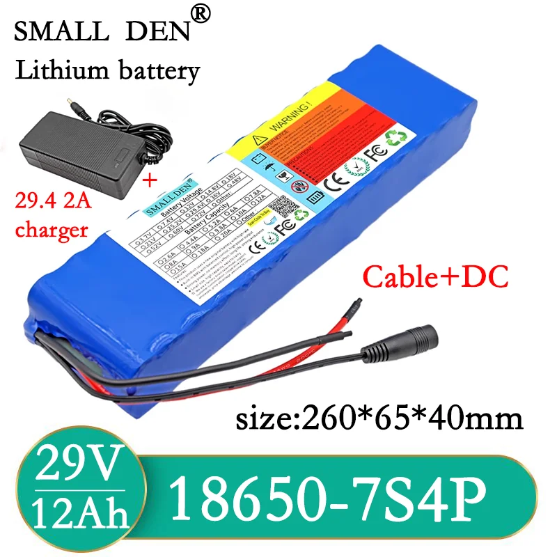 

29V 12Ah 18650 Lithium ion battery pack 7S4P 0-450W 29.4V Electric bicycle scooter Mower wheelchair battery With BMS +2A Charger