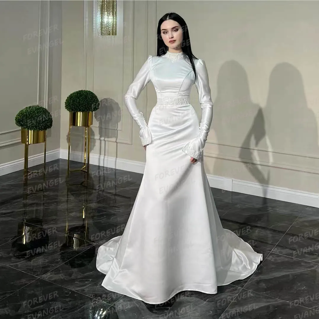 Simple Mermaid Wedding Dresses Muslim Woman's Long Sleeve Formal High Neck Bride Gowns Customized Vestidos فساتين حفلات الزفاف 2