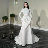 Simple Mermaid Wedding Dresses Muslim Woman's Long Sleeve Formal High Neck Bride Gowns Customized Vestidos فساتين حفلات الزفاف 2