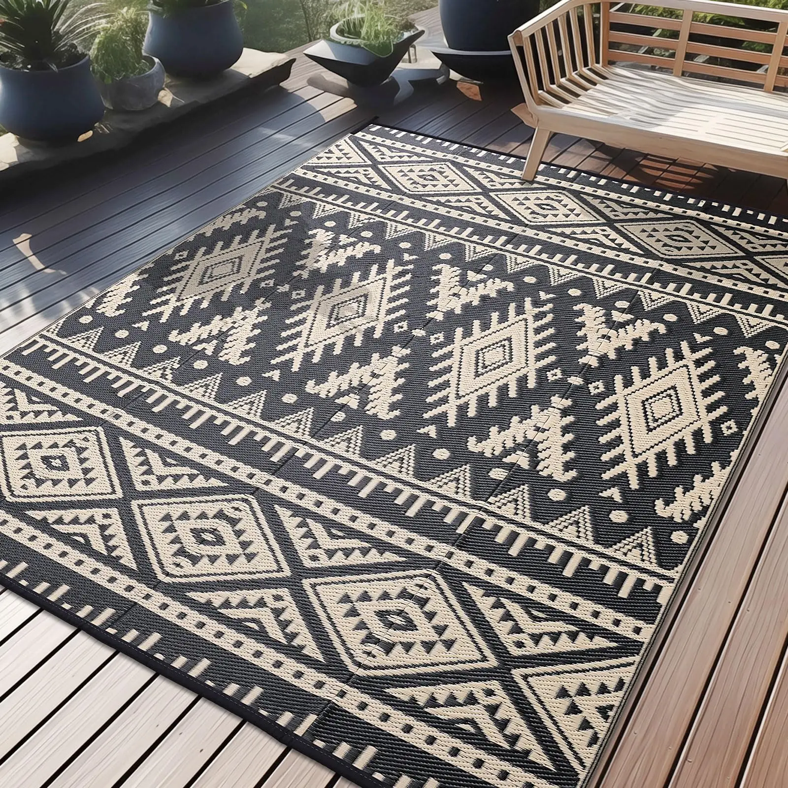 Olanly Outdoor Plastic Straw Rug Waterproof Indoor Outdoor Carpet Machine Washable Fashion Carpet For Patio Camp Picnic Backyard