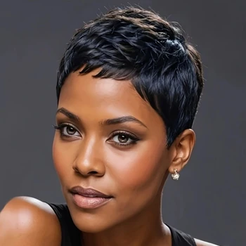 150% Density 4Inch Pixie Cut Curly Wave Human Hair Wig for Women Full Machine Made Wig for Daily Wear and Party 1