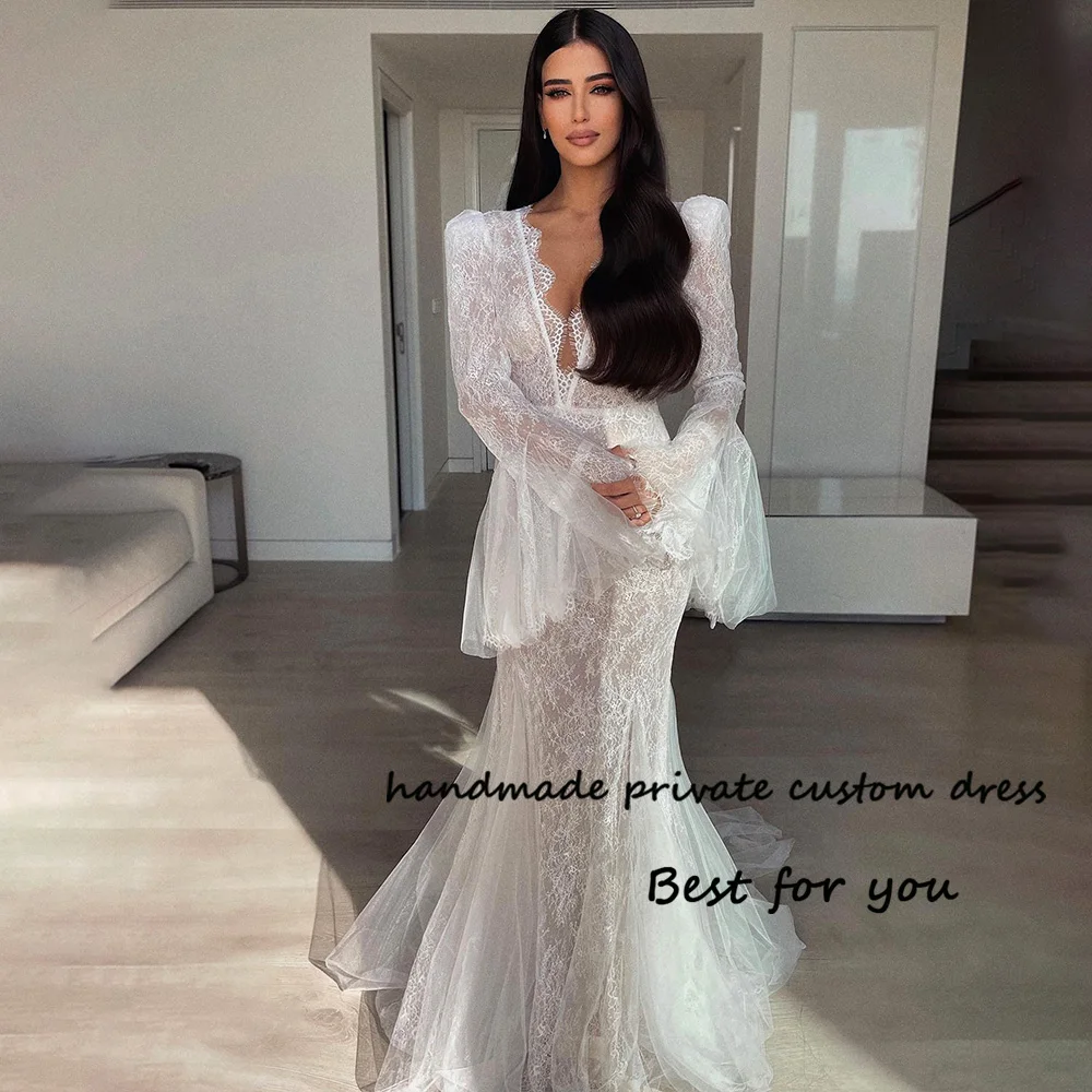 

Lxury кружевные свадебные платья русалки с длинным рукавом Иллюзия Тюль Бохо невесты платье с глубоким V-образным вырезом пляжные свадебные платья на заказ