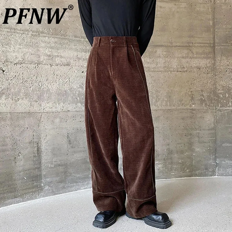

PFNW Koraen Fashion Corduroy Men's Casual Pants Webbing Design Male Solid Color Vintage Wide Leg Trousers 2024 Autumn New 9C3711