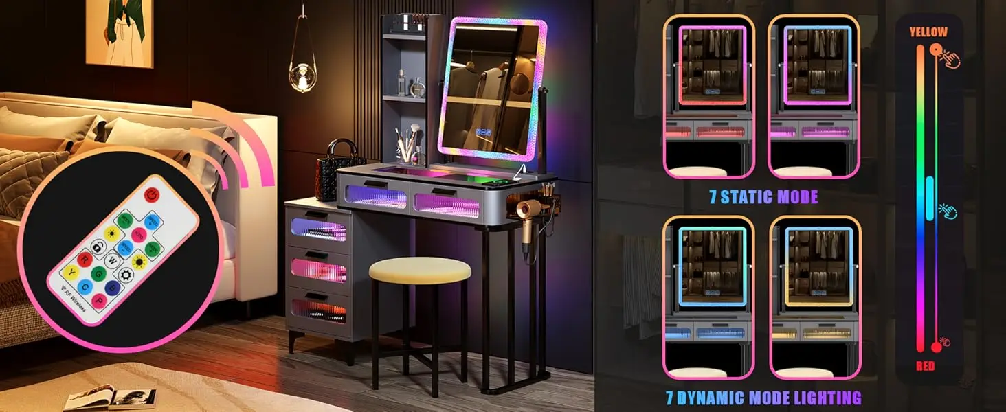 Vanity Desk Set with Glam Glass Top&USB Charging Station