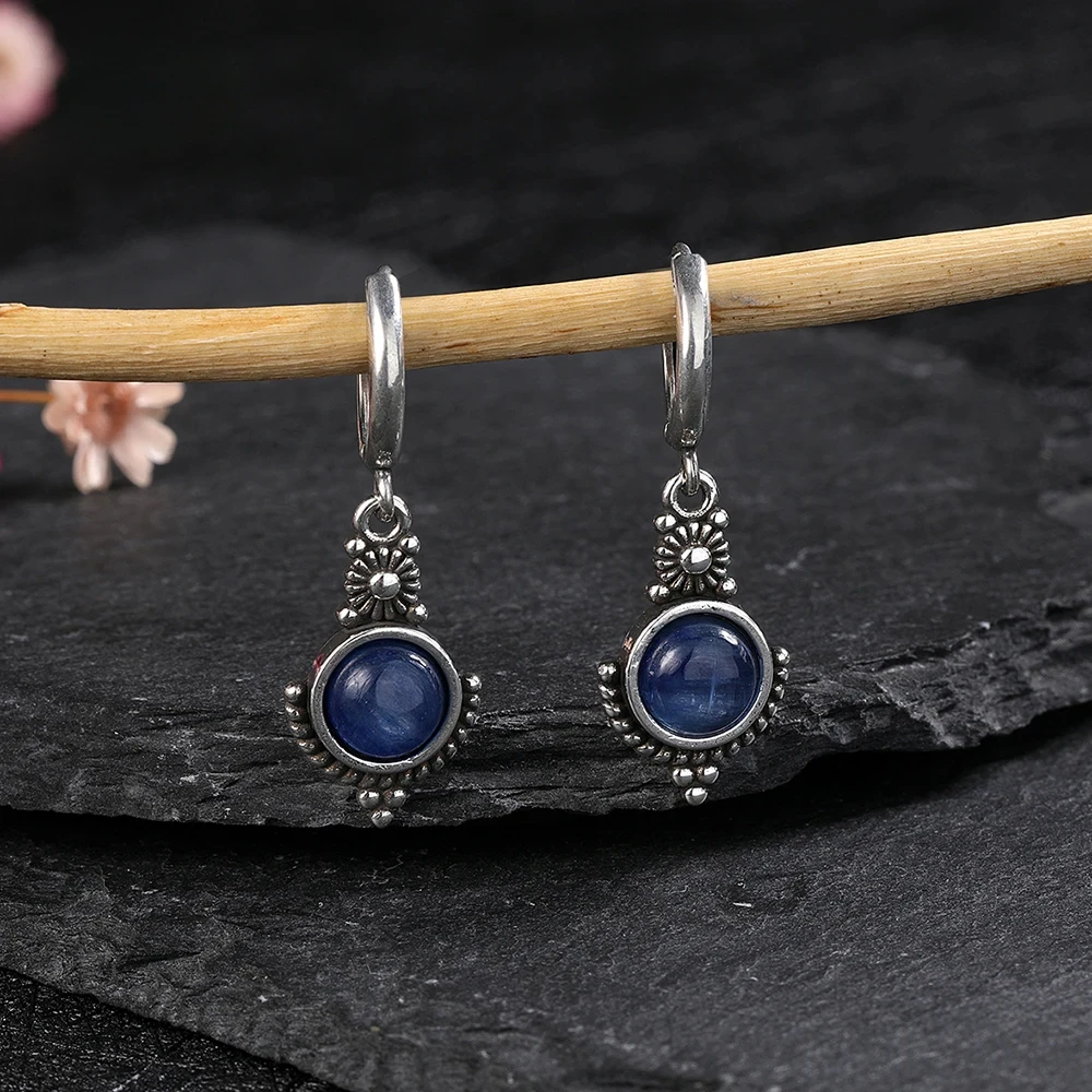 

Retro Elegant Natural Kyanite 925 Sterling Silver Hoop Earrings for Women Gems Labradorite Luxury Jewelry Party Anniversary Gift