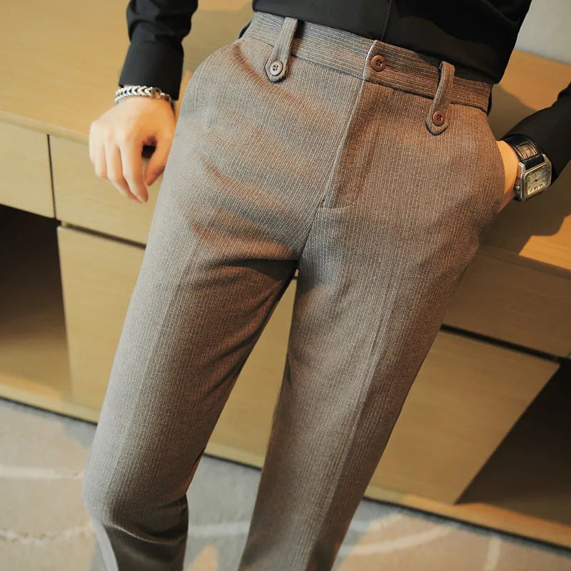 Autumn Winter Thickened Elastic Woolen Pant Mens Belt Decoration Casual Suit Pant Streetwear Formal Social Business Trousers