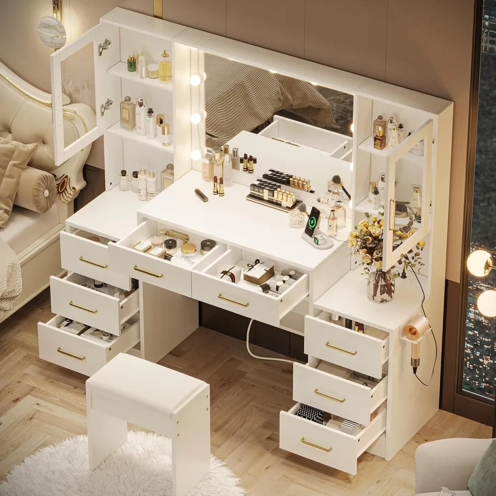 White Vanity with Mirror, Light, and Charging Station, 58.3-inch Vanity with 3 Lighting Modes, 8 Drawers, 2 Cabinets 2