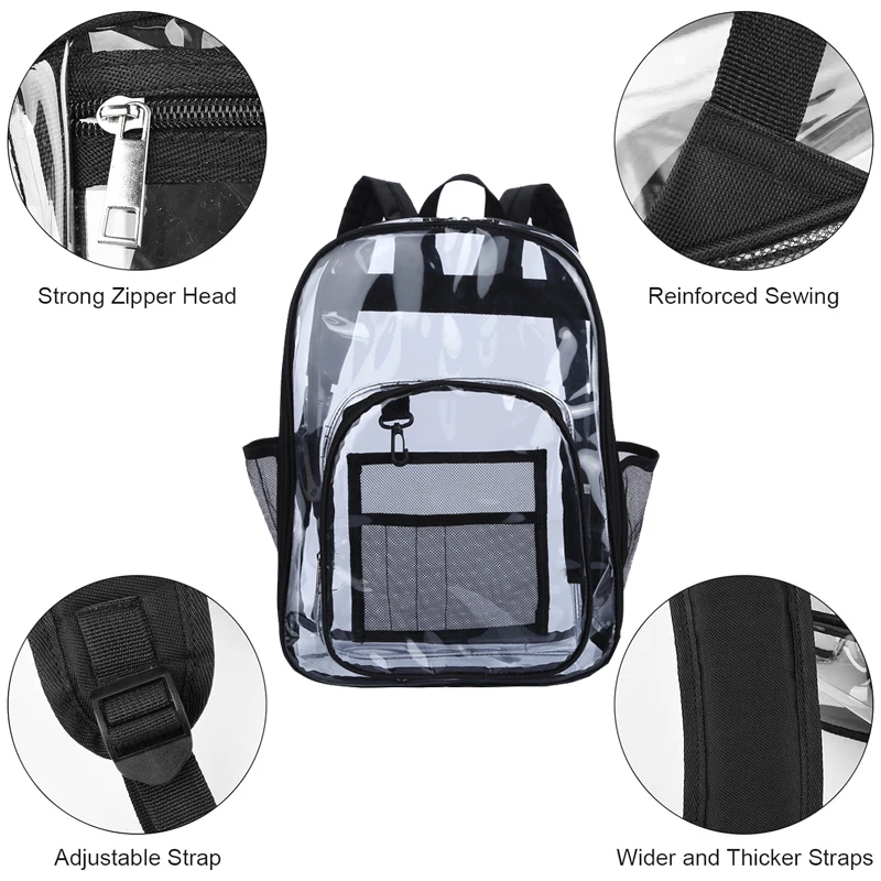 Forstree Zaino Trasparente Resistente – Nero, Large 41,9x33x14 Cm – Per Viaggi, Concerti, Università, Lavoro – Tasche Multiple