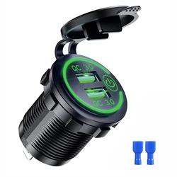 Dual USB Car Charger Socket with Quick Charge 3.0 and Touch Switch - Waterproof Fast Charging Power Outlet - Green