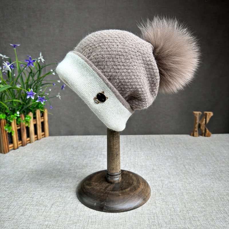 2025 New Natural fur pompom hat Women High quality Color block Beanies Winter Travel  Hats for women Warm Female hat 3