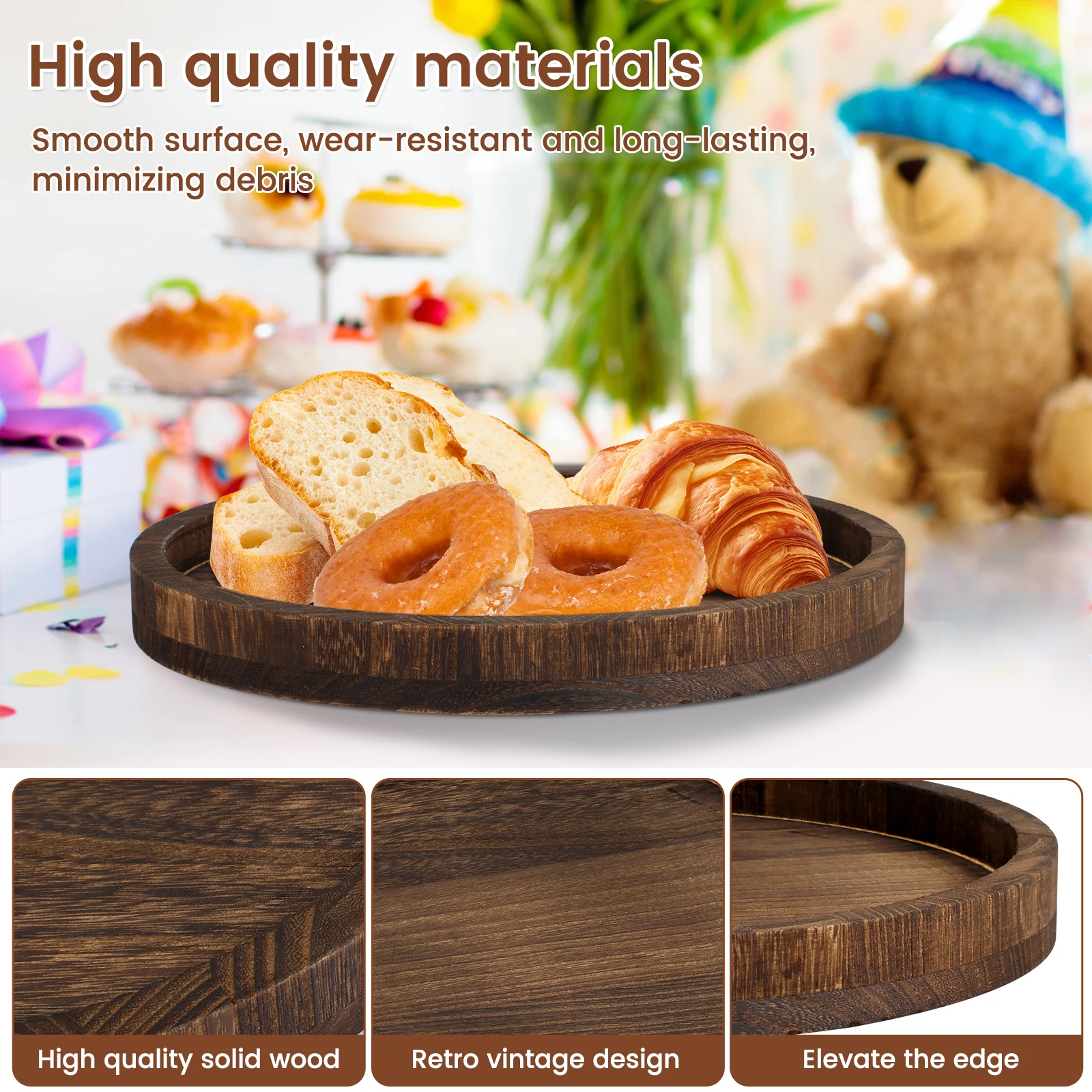 Round Tray Wood Serving Platter Vintage 30cm Round Dessert Plate Table Multipurpose Candle Holder Tray Decorative Tray