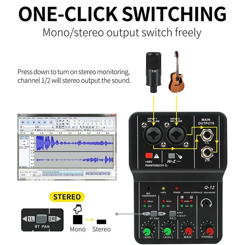 Audio Mixer Q-12 Professional Portable Mixer Sound Card with Monitor for Electric Guitar Live Broadcast Recording Studio Singing Computer PC
