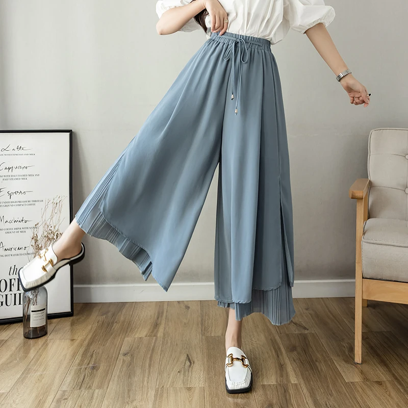 

Брюки женские шифоновые с асимметричным подолом, плиссированные двухслойные с завышенной талией, повседневные пляжные свободные штаны с разрезом, синие Черные, на лето