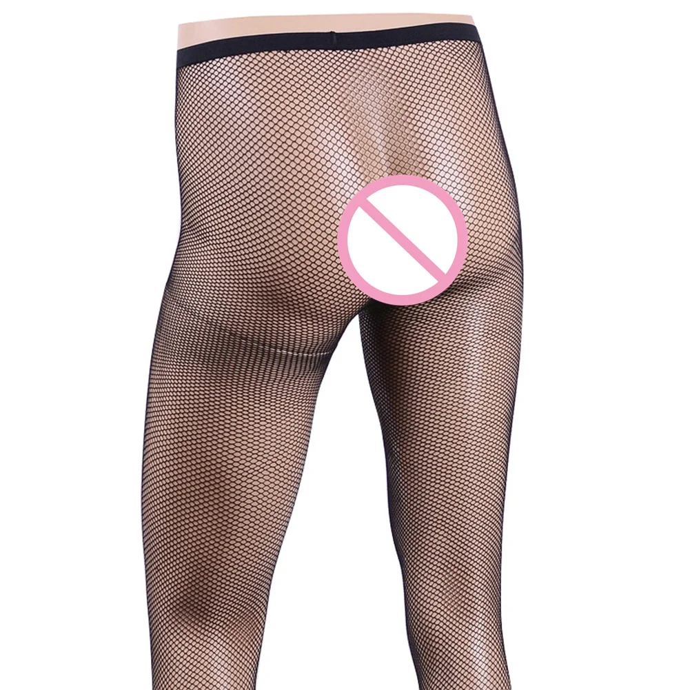 Men Sexy Fishnet Pantyhose Sheer Bugle Pouch Underwear Sissy Transparent Lingerie Body Stockings Tights Erotic Underwear