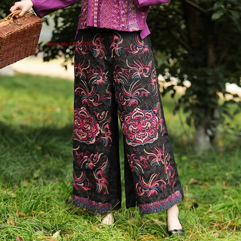 Harajuku Chinese Vintage Cotton Linen Trousers National Flower Embroidery Women Ethnic Pants Pantalones Retro Loose Pants
