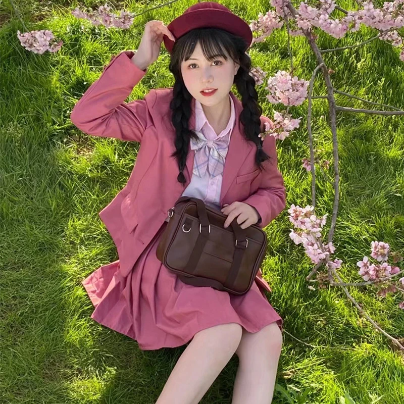 女性用ユニフォームスーツピンク女性用ジャクウェアセットかわいいピンクブレザー女の子ハイウエスト学校ユニフォームスーツ学生服 Aliexpress