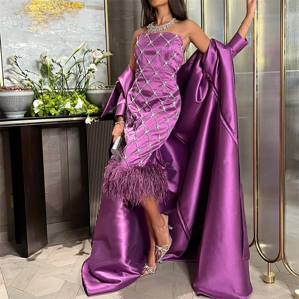 

Платье для выпускного вечера, элегантное модное платье без бретелек, сатиновое вечернее платье с перьями и перекрестными углами