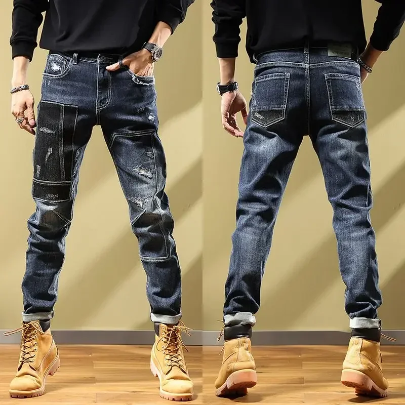 thumbnail image 1 of Pantalones vaqueros rotos con agujeros para hombre, pantalones cargo con gráficos, pantalones vaqueros para hombre, ropa de otoño rota, estilo retro, algodón apilado, informal, 1 of 5