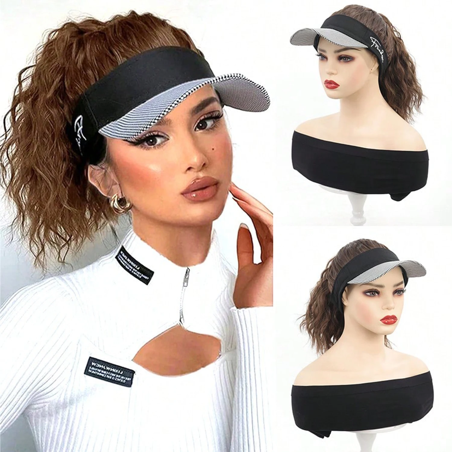Hat Wigs 16 Inch Synthetic Curly Wavy Ponytail Wigs With Houndstooth Empty Top Hat For Women Daily Party Use