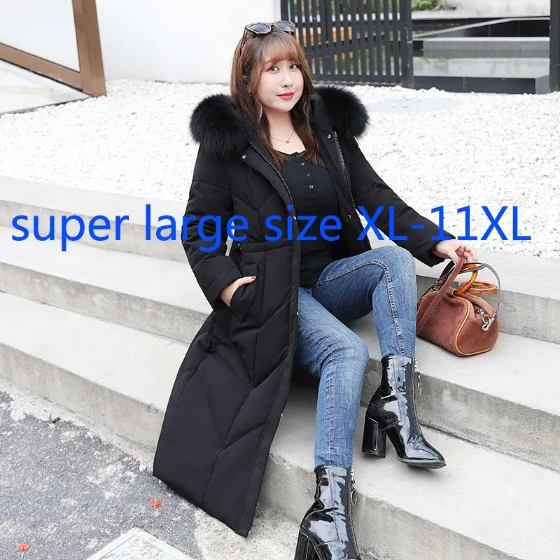 

New Arrival Fashion Real Feather Collar Extra Large Women Thick White Duck Winter Casual Long Down Jacket Plus Size XL-10XL 11XL