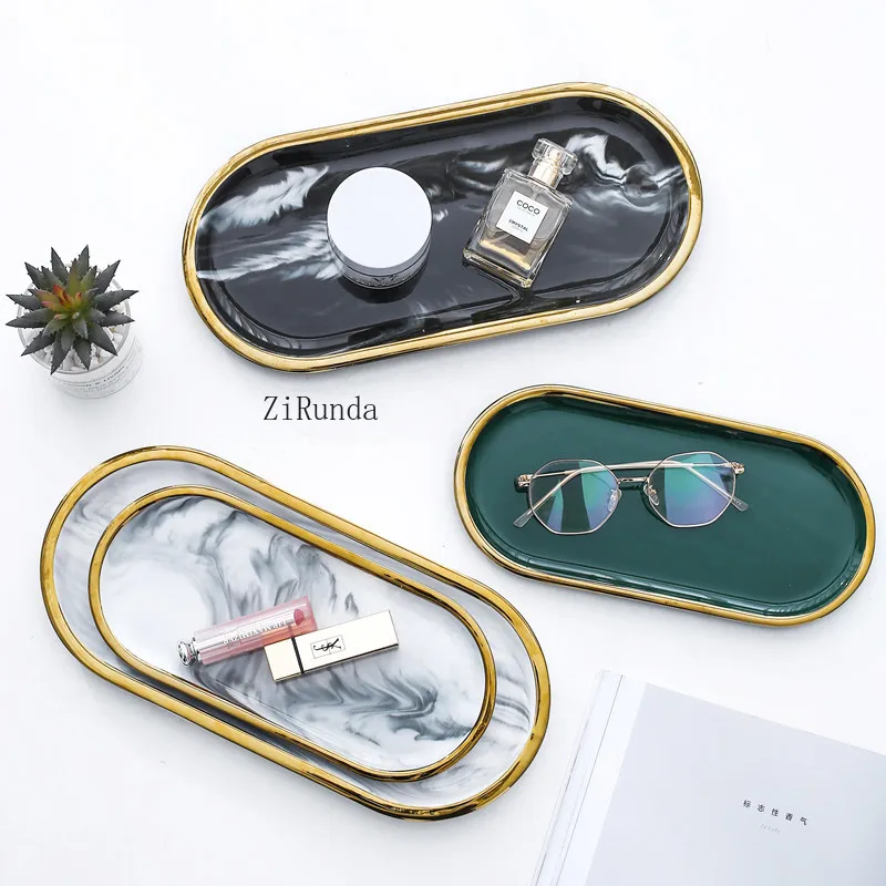 Nordic marble ceramic jewelry tray creative oval gold border key aromatherapy jewelry storage tray