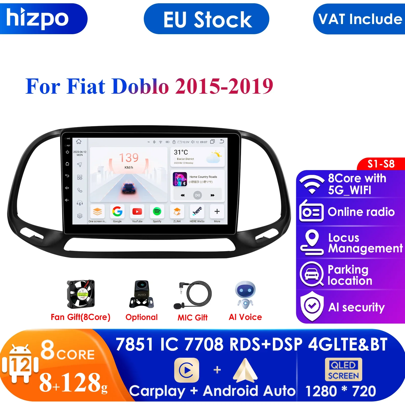 9 ''10.33'' 7862 Carplay 4G 2Din Android Per Fiat Doblo 2015-2019 Autoradio Lettore Multimediale Autoradio Stereo Ai Intelligent Pc