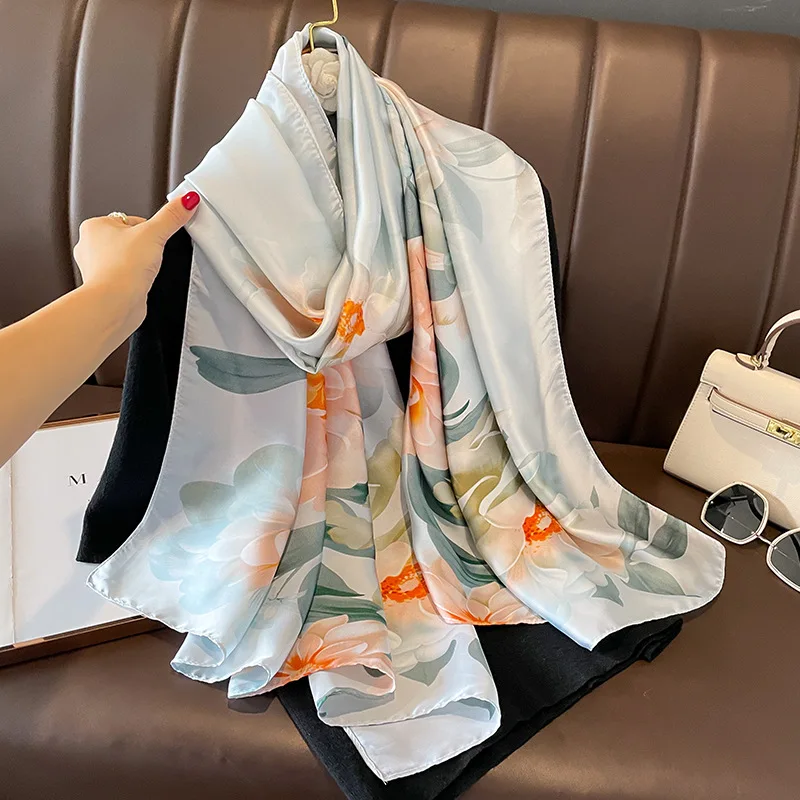 

Luxury Brand Satin Finish Scarf Fashion Soft Long Silk Scarves Women Sunscreen Print Beach Stoles Four Seasons 180X90CM Shawls