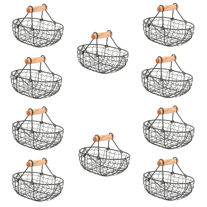 

10X Wooden Handle Metal Retro Basket Portable Multi-Function Vegetable Fruit Egg Groceries Practical Storage Basket