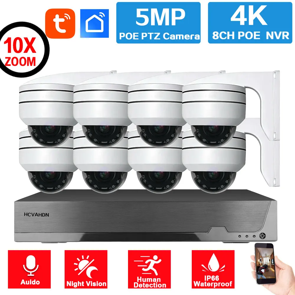 스마트 라이프 4K 8채널 POE NVR 시스템, 5MP 10배줌 POE PTZ 돔 카메라 비디오 감시 키트, 투야 IP 보안 돔 카메라 세트