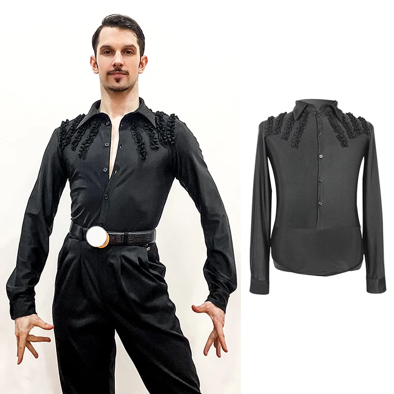 

Male Latin Dance Competition Shirt Long Sleeve Tops ChaCha Rumba Practice Dancewear Black Tango Ballroom Dancing Tops VDB6665